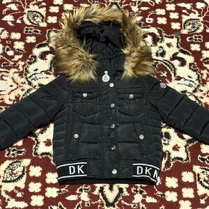 DKNY Black Puffer Jacket with Faux Fur Trim